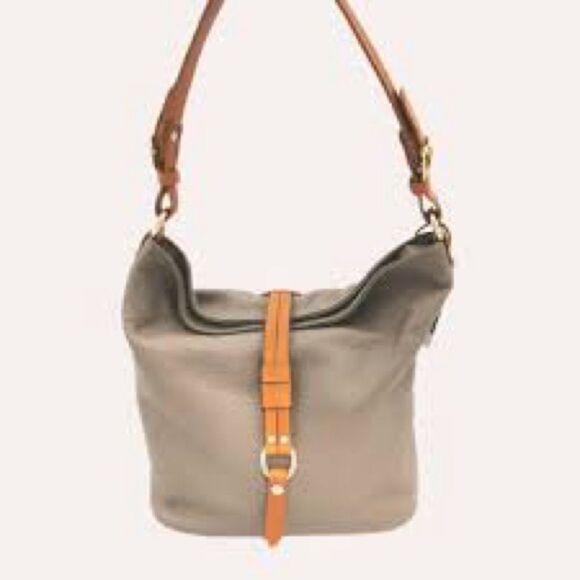 VALENTINA ITALIAN MADE PEBBLED LEATHER GRAY AND TAN BUCKET SHOULDER BAG EUC - Picture 2 of 16